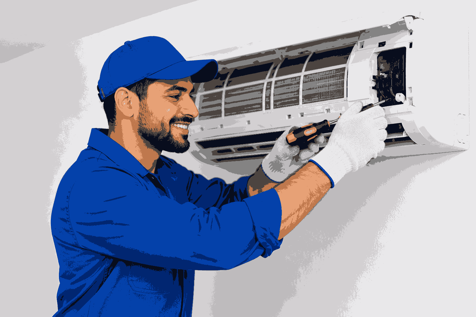 Professional AC technician repairing an air conditioner in Riyadh